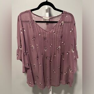 NWT Style & Co Purple Floral Semi Sheer Bell Sleeve Pleated Boho Blouse Top 2X